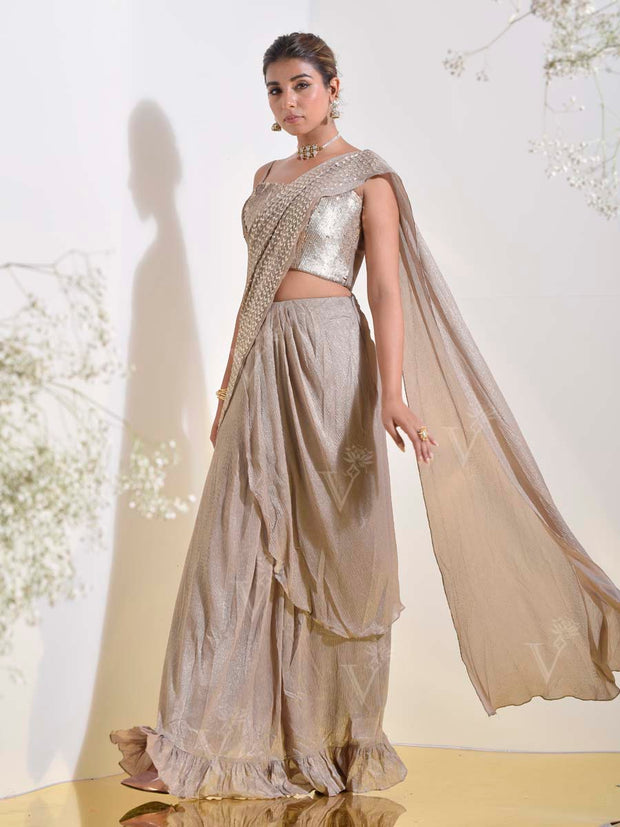 Tan Embroidered Pre-stich Saree