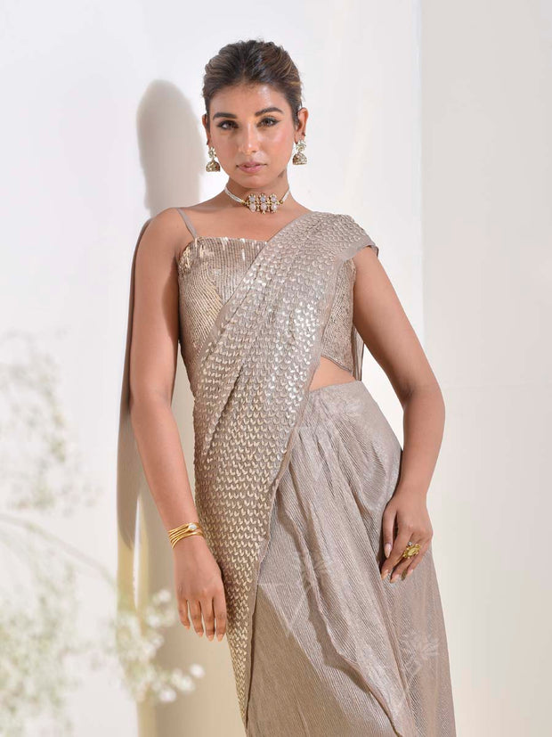 Tan Embroidered Pre-stich Saree