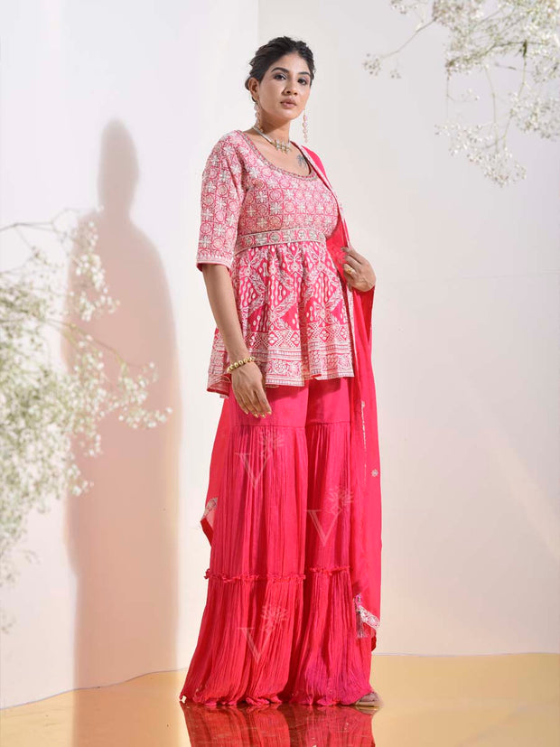 Hot Pink Embroidered Peplum and Sharara Set