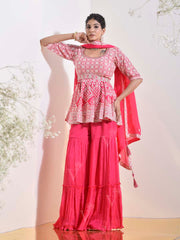 Hot Pink Embroidered Peplum and Sharara Set