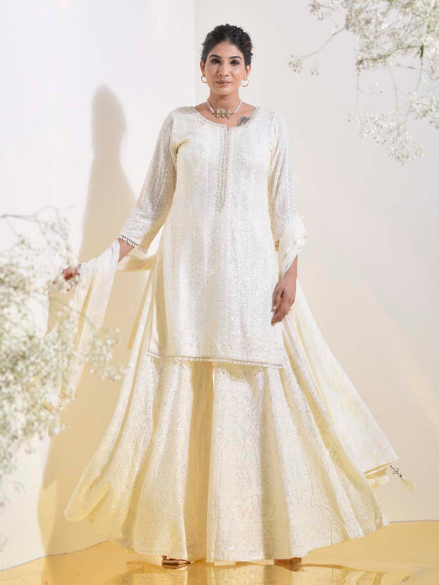 White Embroidered Kurta and Garara Set