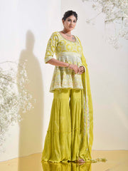 Lime Embroidered Peplum and Sharara Set