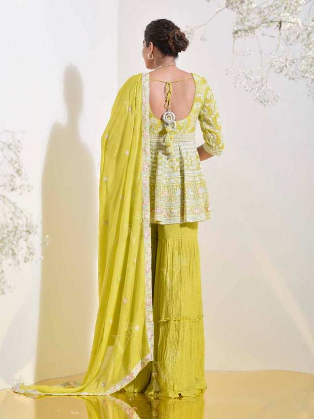 Lime Embroidered Peplum and Sharara Set