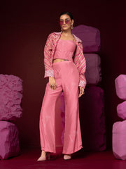 French Pink Leheriya Organza Jacket with Pant Set