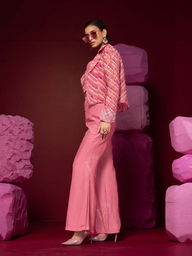 French Pink Leheriya Organza Jacket with Pant Set