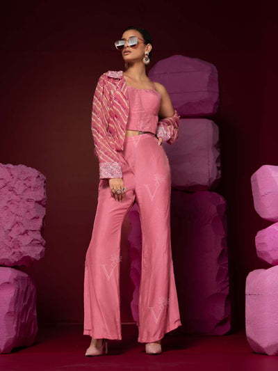 French Pink Leheriya Organza Jacket with Pant Set