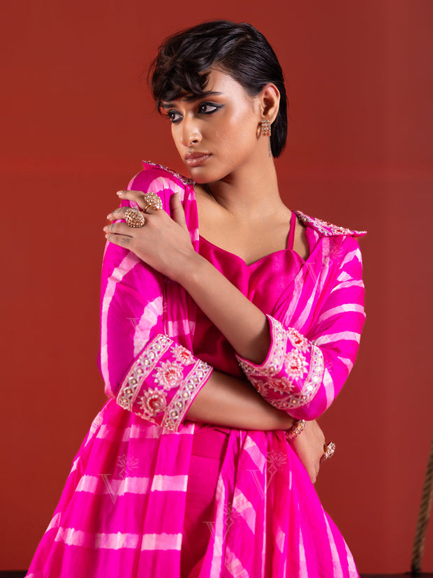 Pink Leheriya Silk Jacket and Drape Skirt Set