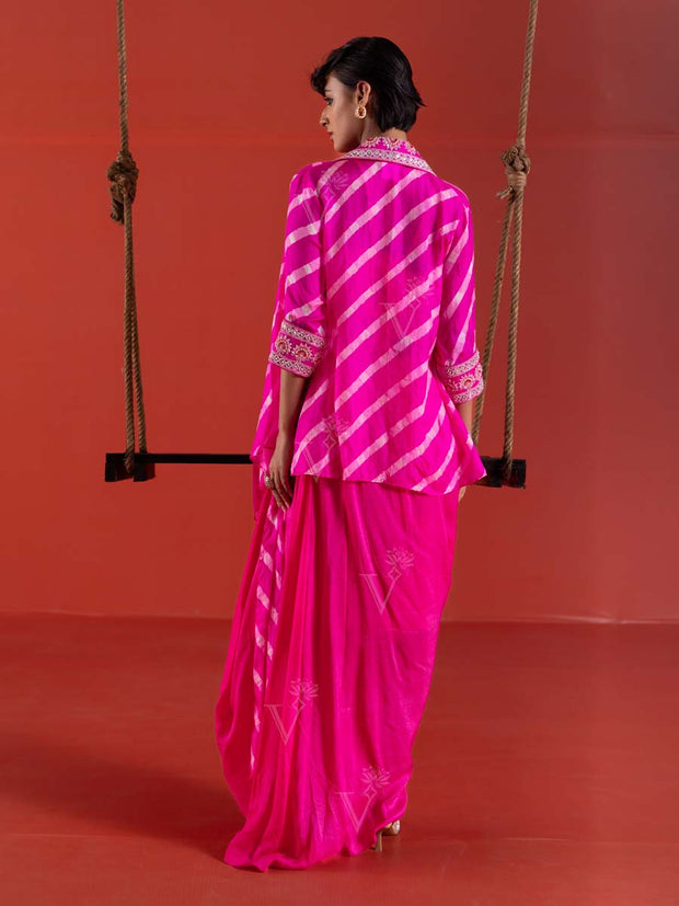 Pink Leheriya Silk Jacket and Drape Skirt Set