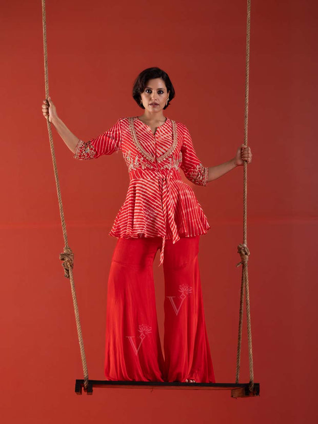 Scarlet Red LeheriyaGeorgette Peplum and Sharara Set