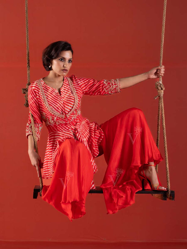 Scarlet Red Leheriya Georgette Peplum and Sharara Set