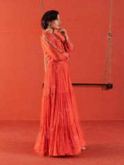 Orange-Red Leheriya Tiered Anarkali Gown