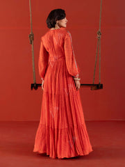 Orange-Red Leheriya Tiered Anarkali Gown