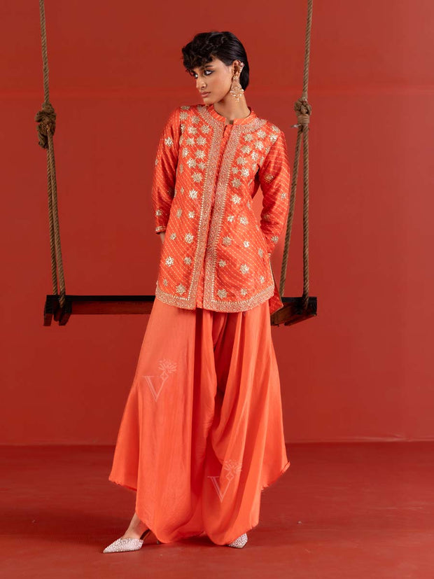 Orange Vasansi Silk Leheriya Kurta and Dhoti Pants Set