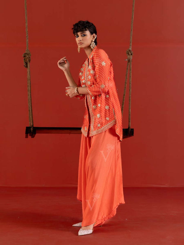 Orange Vasansi Silk Leheriya Kurta and Dhoti Pants Set