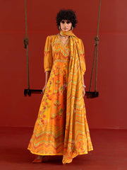 Yellow Vasansi Silk Leheriya Anarkali Gown