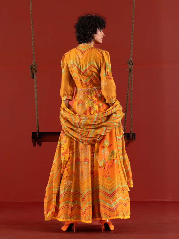 Yellow Vasansi Silk Leheriya Anarkali Gown