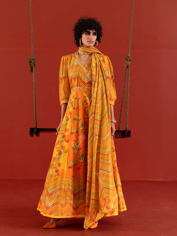 DD28, MTO, VK, Yellow , Vasansi Silk , Leheriya , Anarkali , Gown , Rakhiedit , Orange