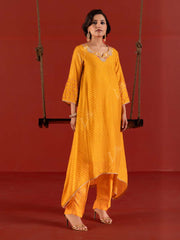 Yellow Vasansi Silk Leheriya Asymmetric Kurta and Pant Set