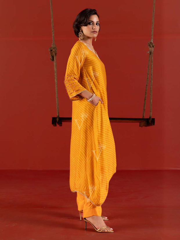 Yellow Vasansi Silk Leheriya Asymmetric Kurta and Pant Set