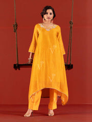 Yellow Vasansi Silk Leheriya Asymmetric Kurta and Pant Set