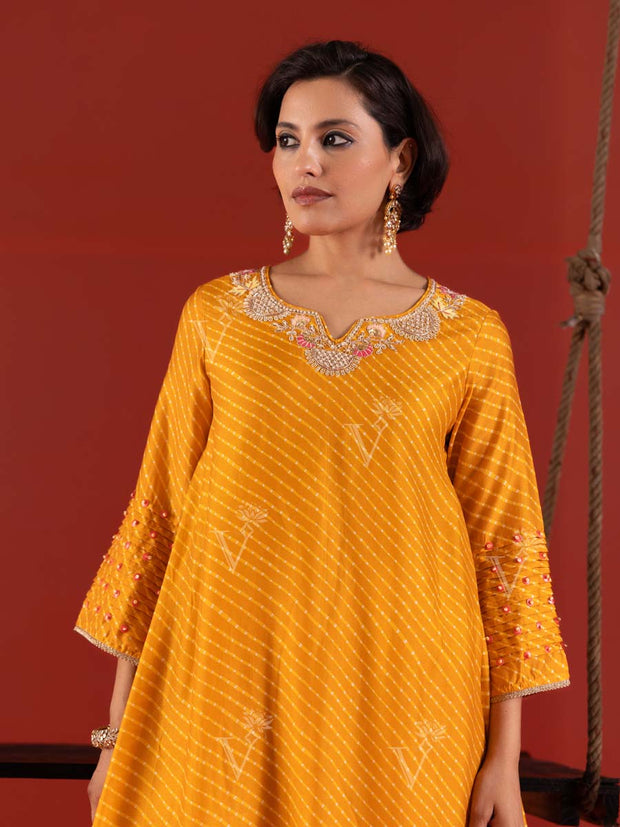 Yellow Vasansi Silk Leheriya Asymmetric Kurta and Pant Set