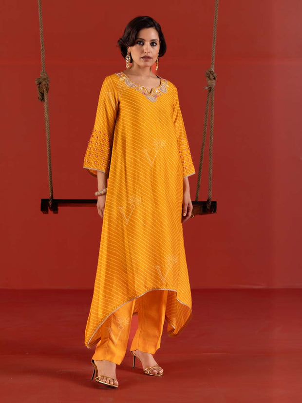 MTO, DD28, U2, Yellow,  Vasansi Silk , Leheriya , Asymmetric Kurta and Pant Set , Kurta and pant set , rakhiedit