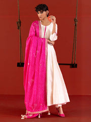 Off-White Chanderi Anarkali Suit with Pink Mothda dupatta