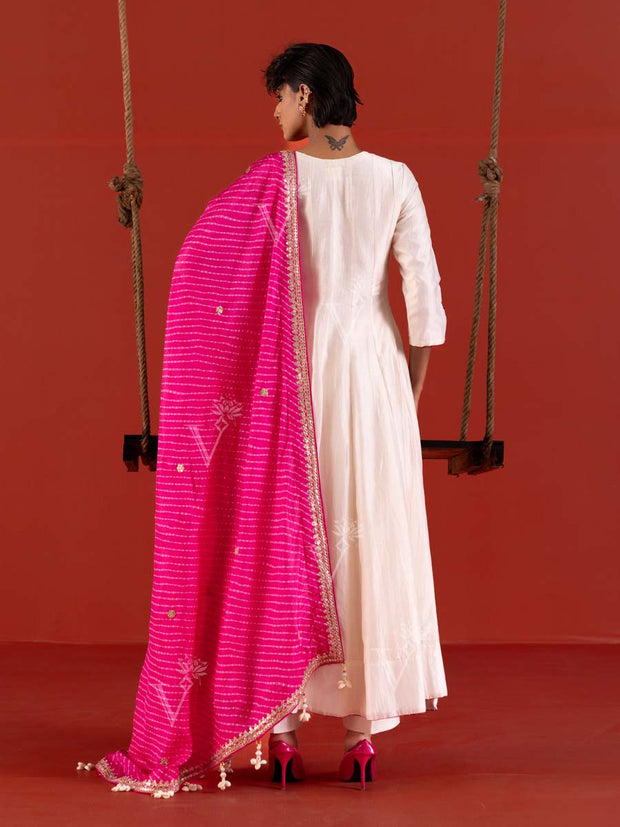 Off-White Chanderi Anarkali Suit with Pink Mothda dupatta