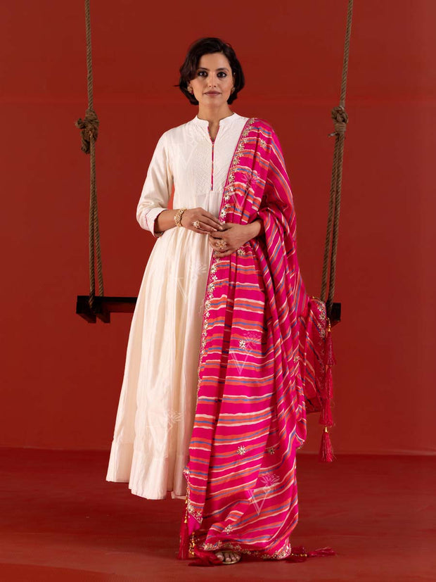 Off-White Anarkali Suit with Pink Leheriya dupatta