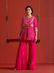 Pink Leheriya Georgette Peplum and Sharara Set