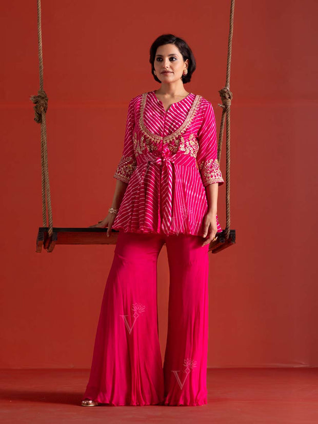 Pink Leheriya Georgette Peplum and Sharara Set