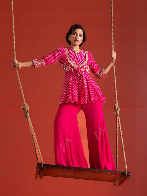 Pink Leheriya Georgette Peplum and Sharara Set