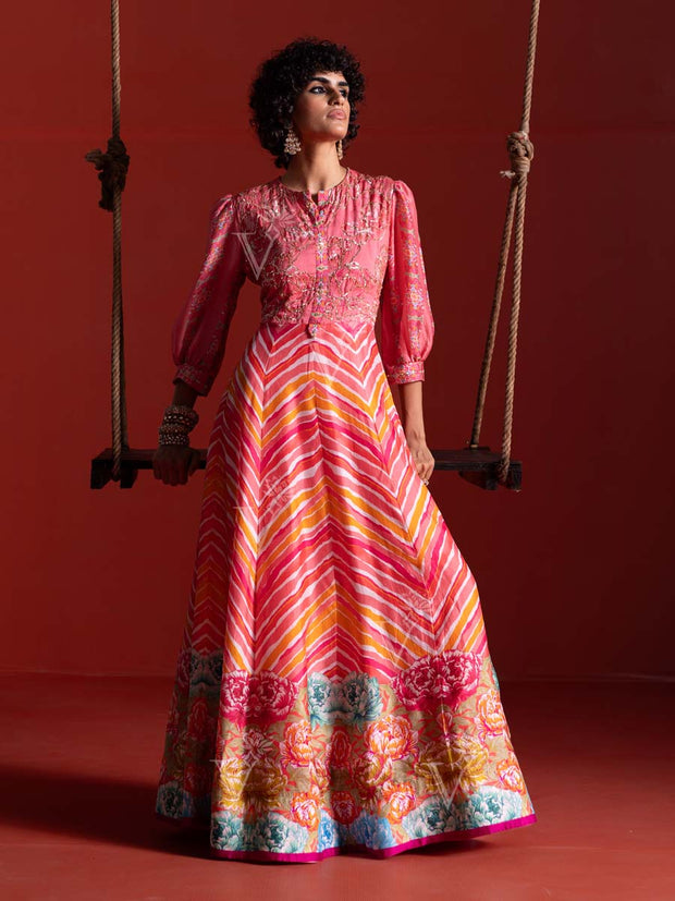 Fiery Rose Vasansi Silk Leheriya Anarkali Gown