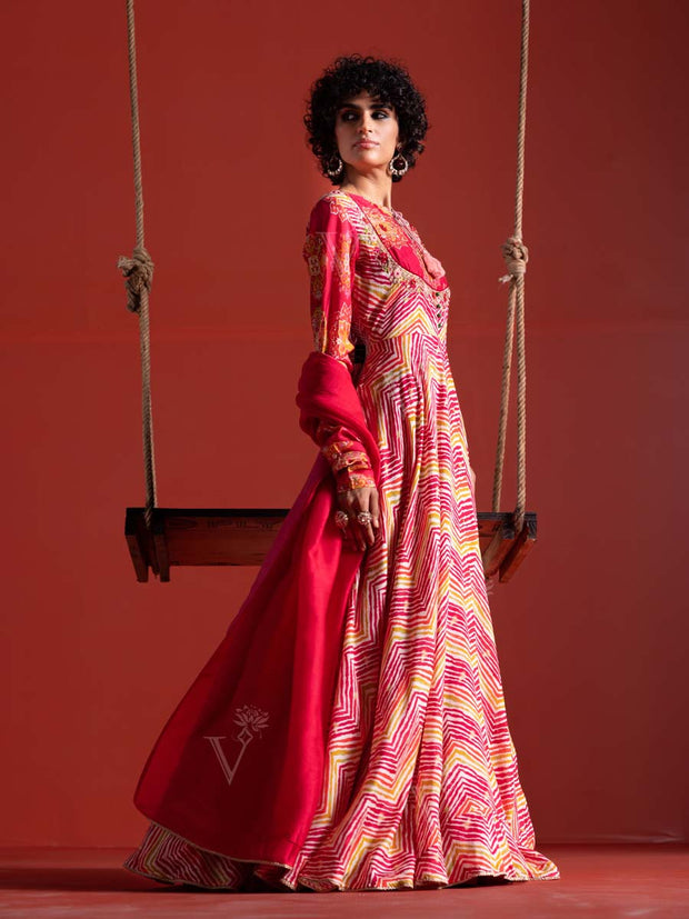 Multi Color Vasansi Silk Leheriya Anarkali Gown