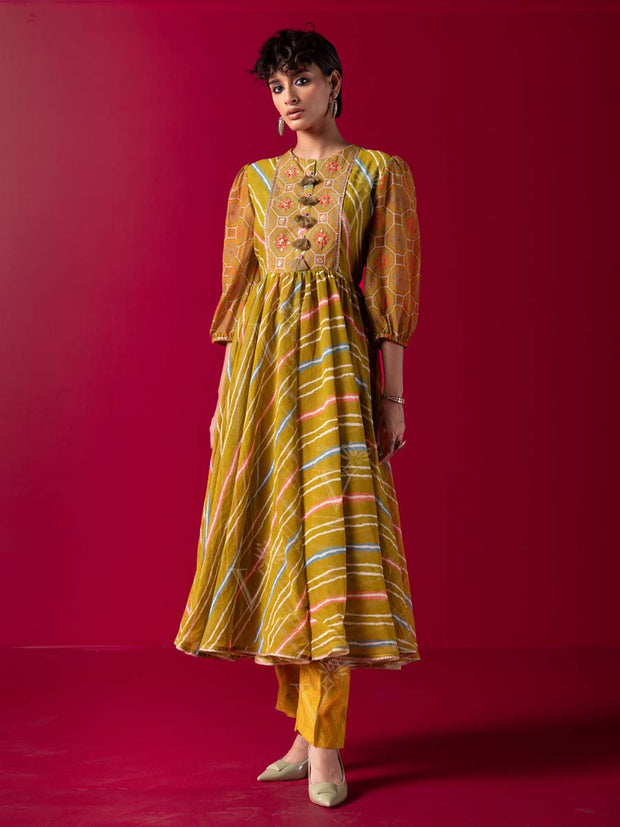 Olive Green Leheriya Cotton Chanderi A-Line Kurta Set