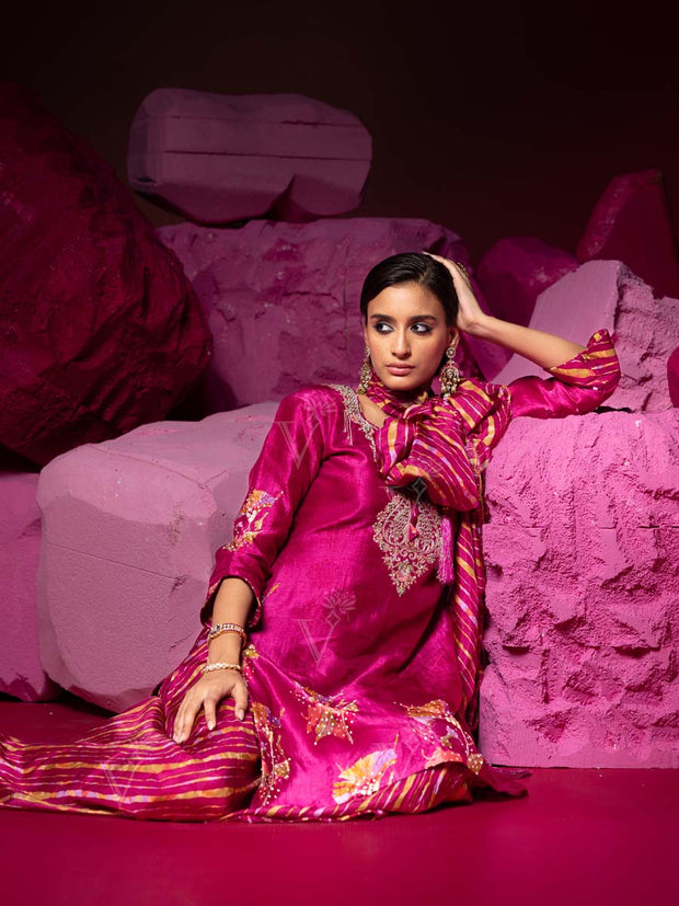 Rouge Pink Vasansi Silk Leheriya Kurta and Sharara Set