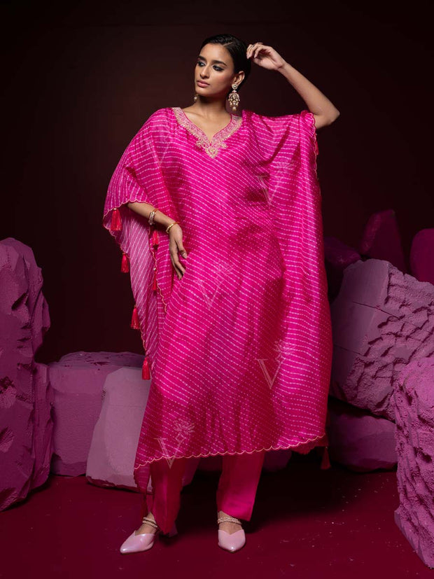 Pink Leheriya Tabby Silk Kaftan Set