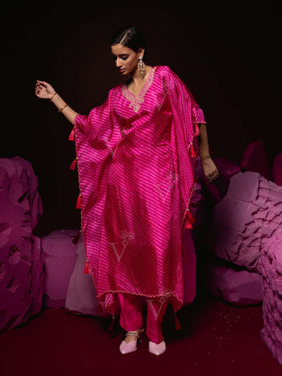 Pink Leheriya Tabby Silk Kaftan Set
