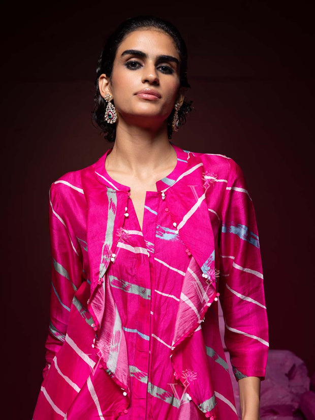 Pink Leheriya Vasansi Silk Asymmetric Kurta and Dhoti Pant Set