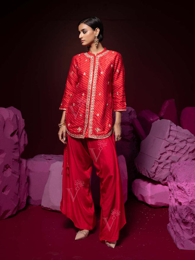 Red Vasansi Silk Leheriya Kurta and Dhoti Pants Set