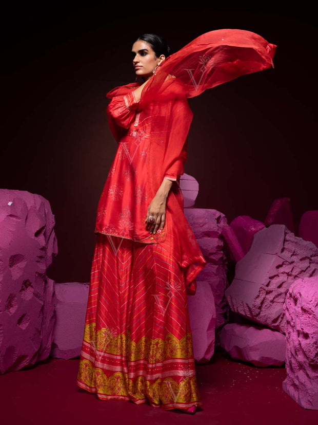 Red Leheriya Vasansi Silk Kurta and Palazzo Suit Set