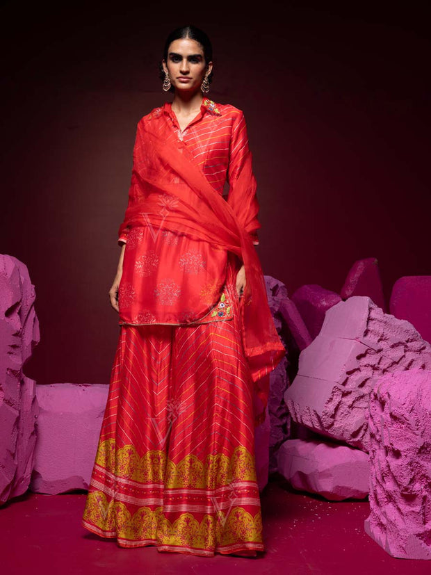 Red Leheriya Vasansi Silk Kurta and Palazzo Suit Set