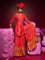 Red Leheriya Vasansi Silk Kurta and Palazzo Suit Set