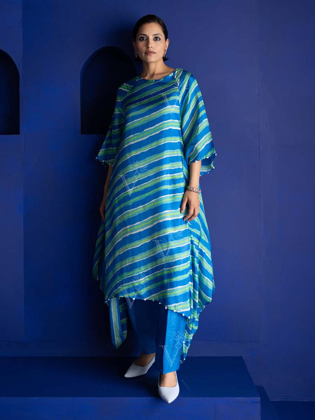 Blue Silk Leheriya Asymmetric Kurta and Pant Set