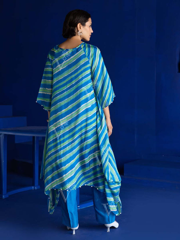 Blue Silk Leheriya Asymmetric Kurta and Pant Set