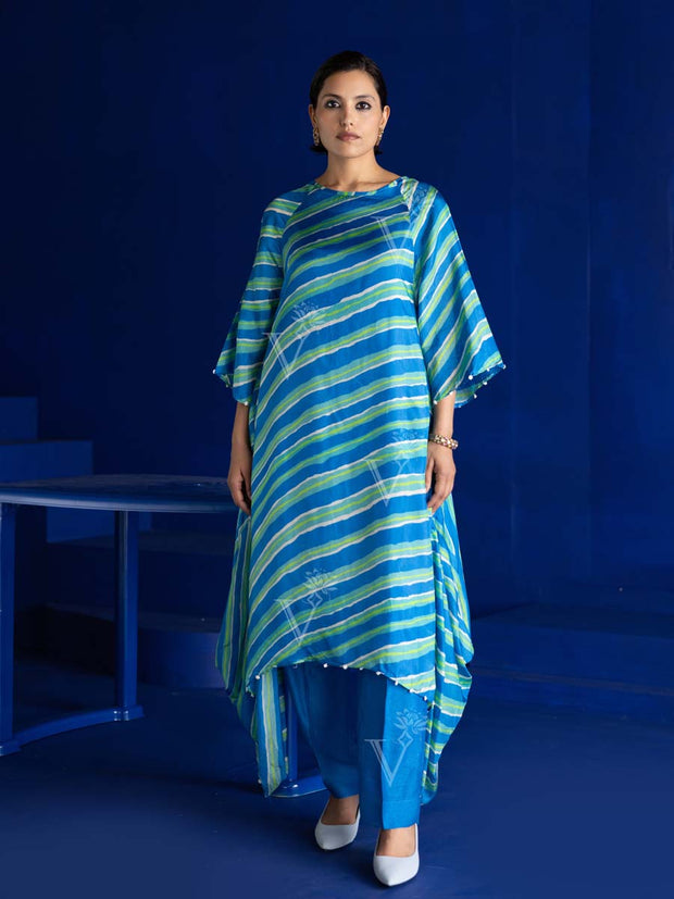 MTO, DD28, U2, Blue, Tabby Silk , Leheriya , Asymmetric Kurta and Pant Set , Kurta and pant set , rakhiedit