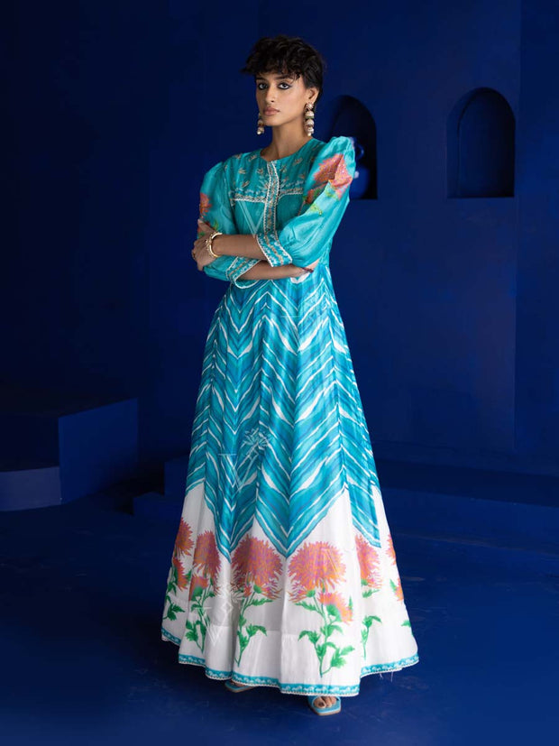 Sky Blue Vasansi Silk Leheriya Anarkali Gown