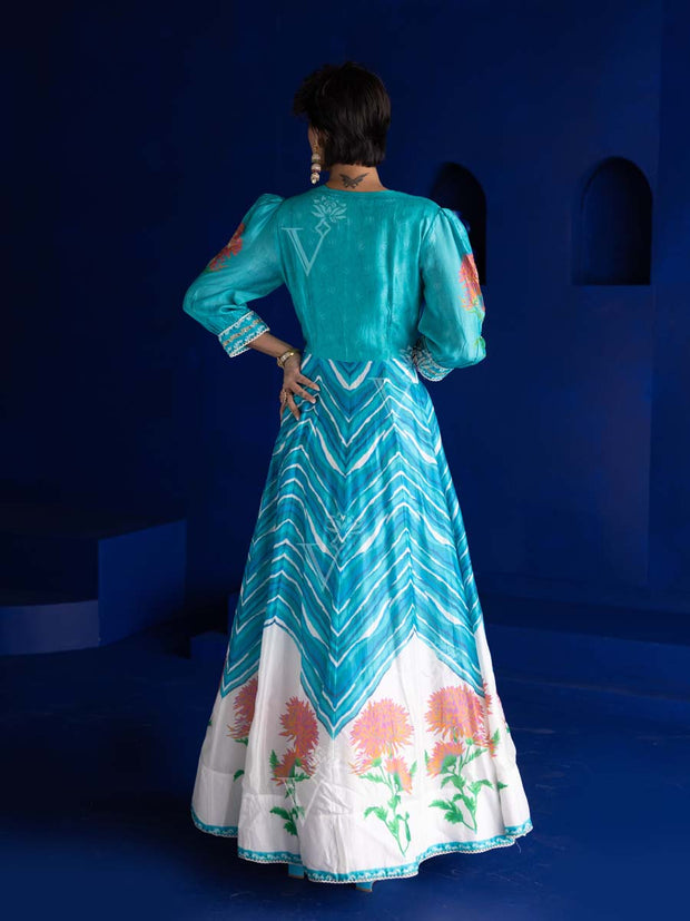 Sky Blue Vasansi Silk Leheriya Anarkali Gown