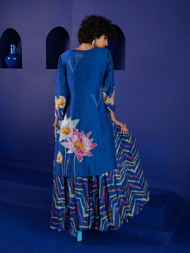 Cobalt Blue Vasansi Silk Kurta and Sharara Suit Set