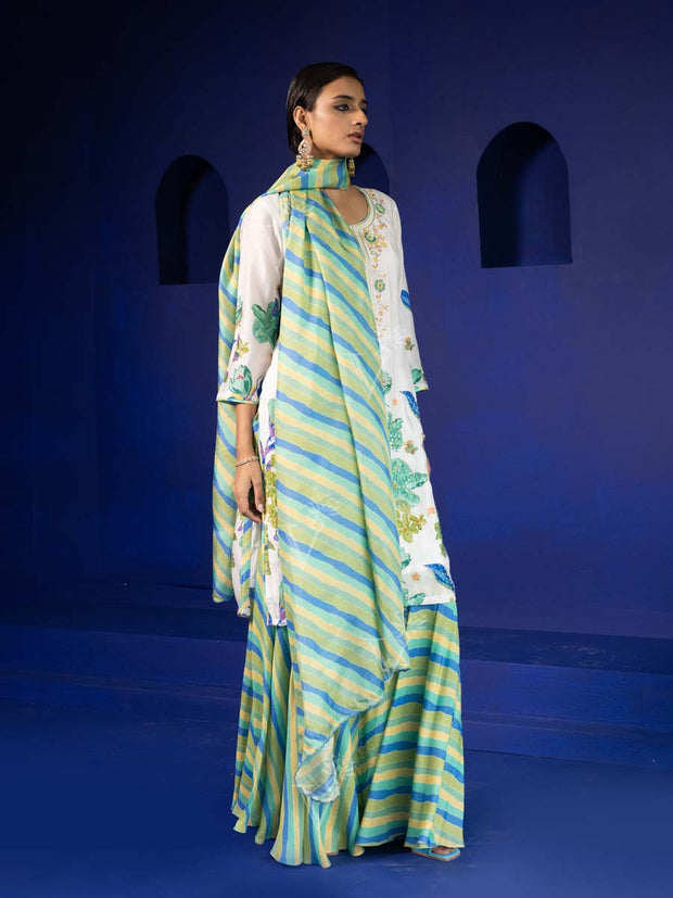 Green and Off-White Vasansi Silk Kurta and Sharara Suit Set